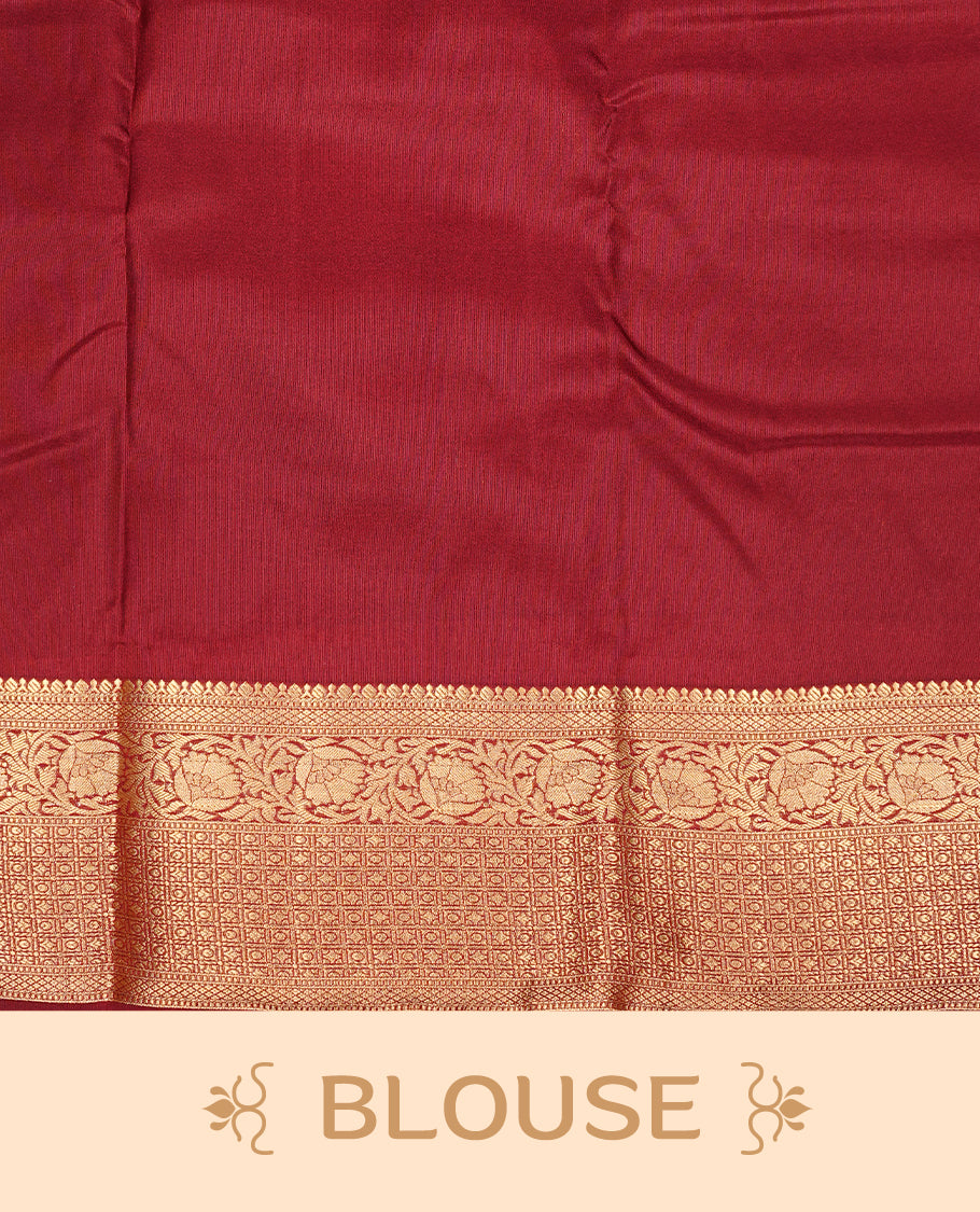 Maroon Semi Wedding Silk Saree featuring Gold Zari Motifs On body, Complemented with traditional zari with Self colour border, paired with matching blouse piece.
