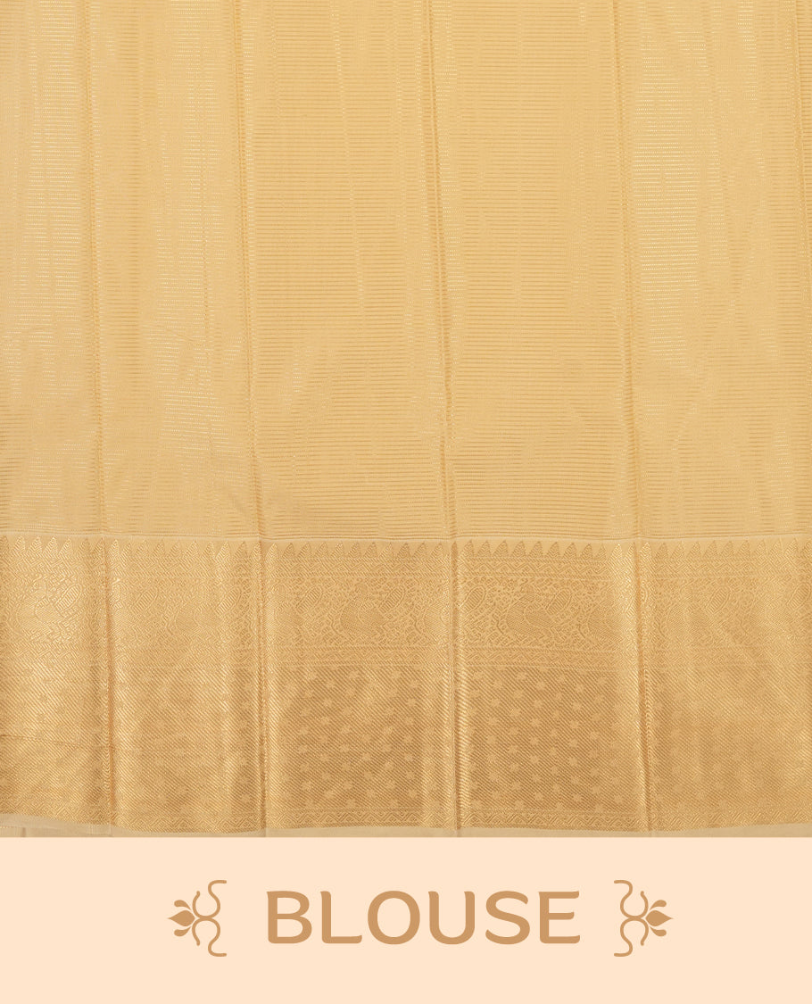 Dark green colour Semi Silk Saree with gold zari striped patterns on the body, paired with a contrasting cream traditional pallu and border, and a matching blouse piece.