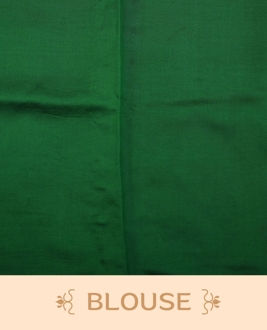 Light green colour Pure tussar Banarasi saree featuring Gold zari motifs on body, a contrast green colour gold zari border, and blouse piece.