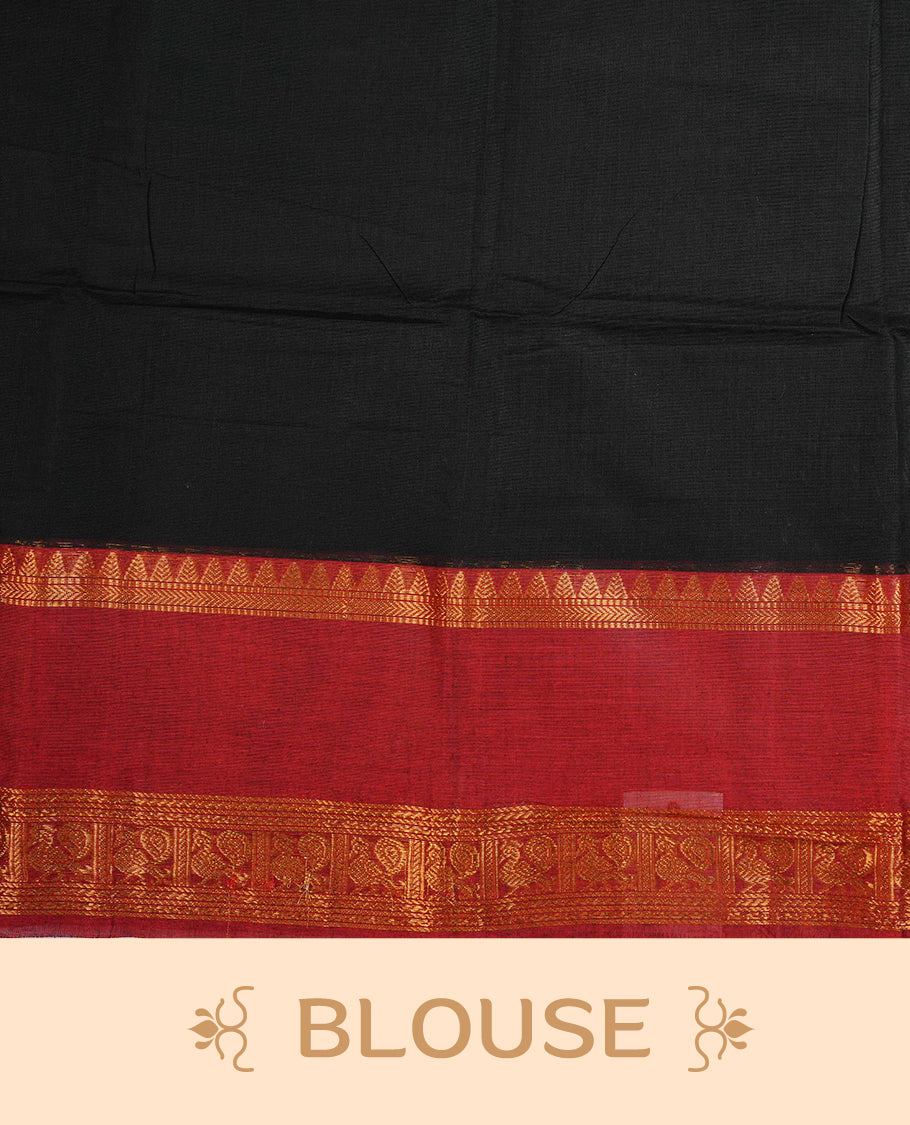 Black colour chettinad cotton saree featuring  a Plain  body, complemented by Contrast  Red Colour With Gold Zari border, paired with matching blouse piece.