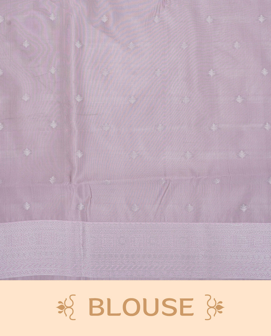Purple colour semi silk saree featuring Silver zari Floral pattern on body, complemented by contrast Pink colour with silver zari border, comes with matching blouse piece.