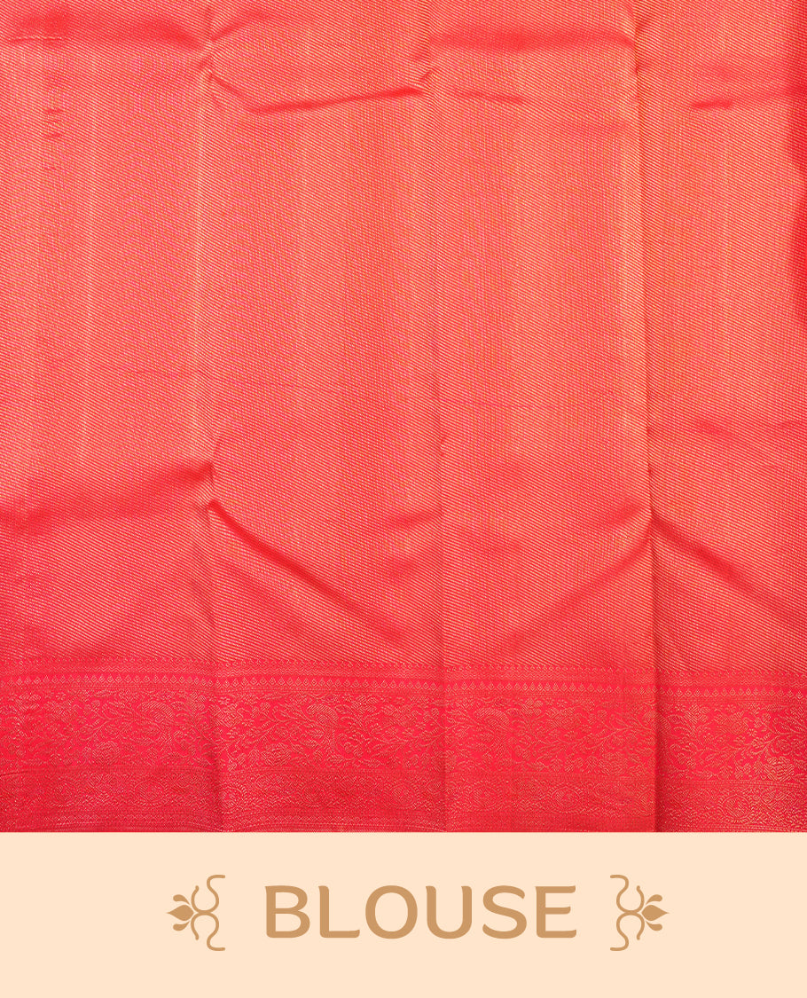 Red Kanchipuram Samudrika Silk Saree featuring Floral kodi in square pattern weaving with light gold zari jacquard and a traditional zari border, paired with a matching designer jacquard blouse piece