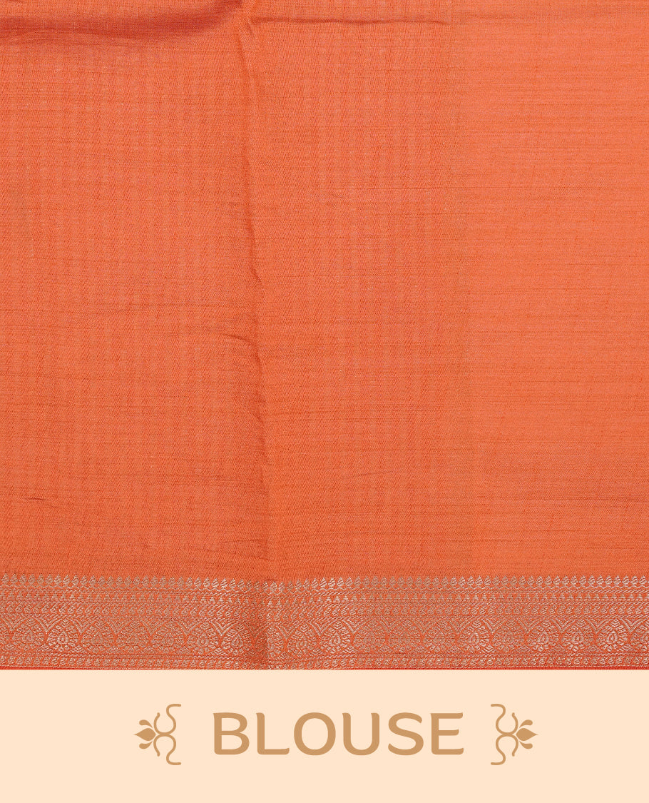 Cream colour Tussar silk saree Featuring Elegant Plain body, complemented by Contrast Orange colour with gold zari border, paired with matching blouse piece.