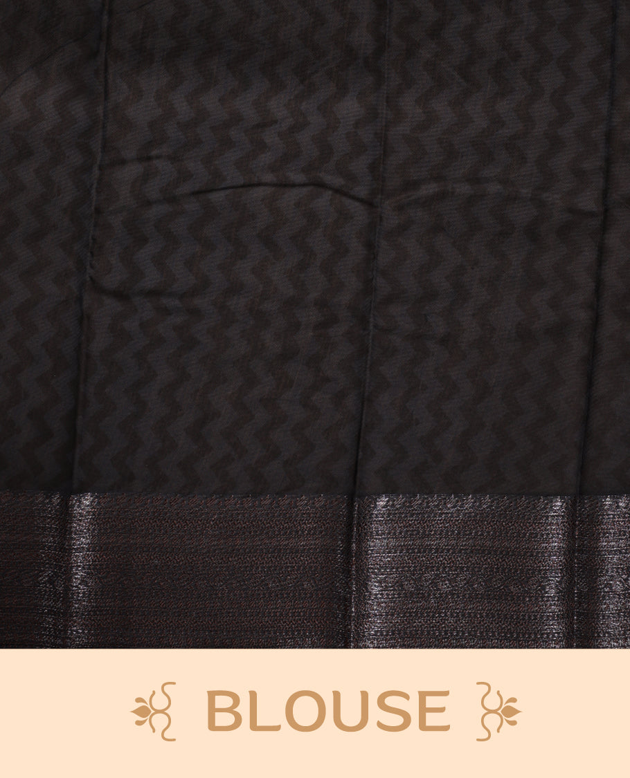 Black colour chanderi silk saree with Floral block print On body, compilmented by self colour border with antique zari pattern and a matching blouse.