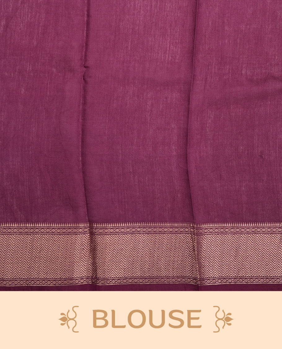 Grape Purple colour Viscos semi printed saree featuring a light golden zari border, abstract off white printed motifs on the body, and comes with a matching blouse