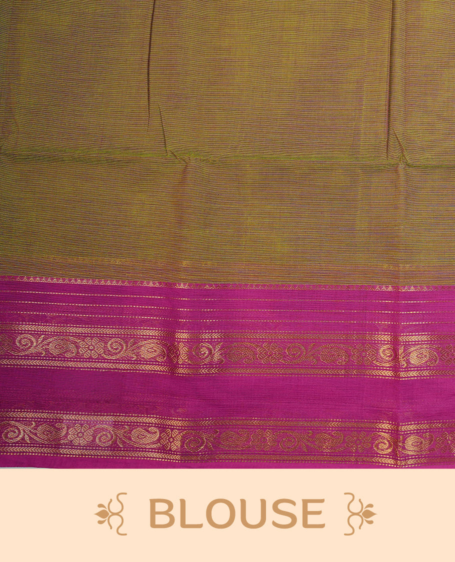 Olive & Pink Dual colour chettinad cotton saree featuring Plain body, complemented by Contrast Pink  Colour With Gold Zari border, paired with matching blouse piece.