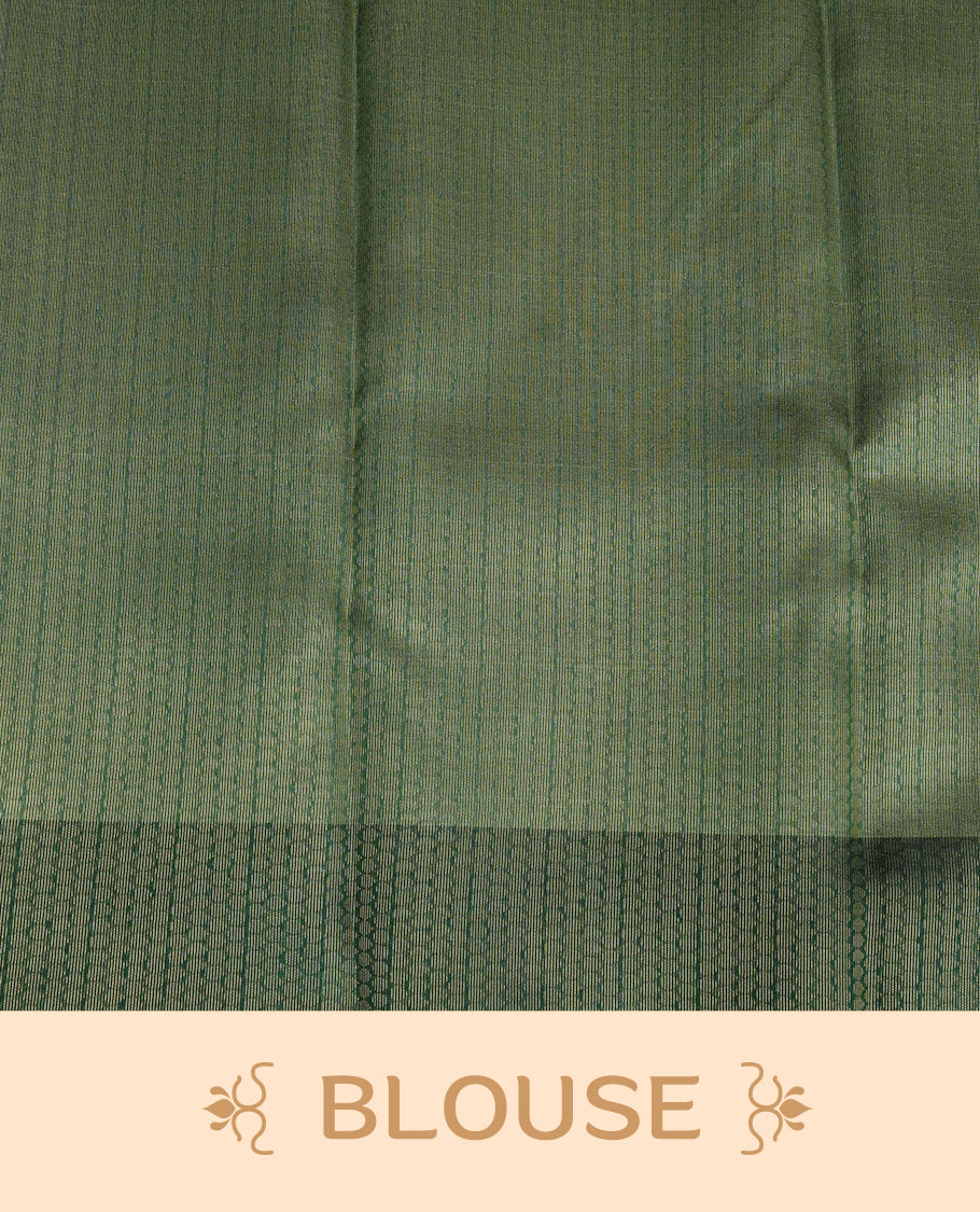 Cream Colour Semi Soft Silk Saree Featuring Gold zari Check With motifs Pattern On Body, Highlighted  by contrast Green border with Gold zari, paired with matching blouse piece.