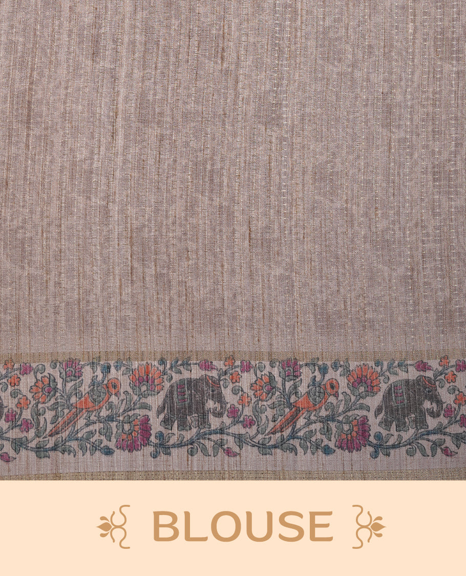 Chocolate brown colour tussar saree featuring golden zari dot stripped pattern on the body, complemented by a contrast cream colour mutlicolour floral kodi & animal print on border & pallu, paired with a matching blouse.