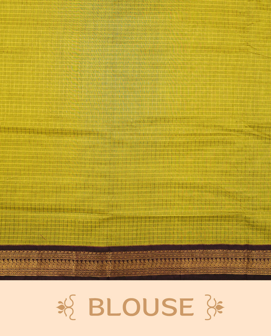 Yellow Green coloured mixed Kalyani cotton saree featuring golden zari checks on the body, complemented by a burgundy coloured border and pallu adorned with golden zari patterns, Paired with a matching blouse.