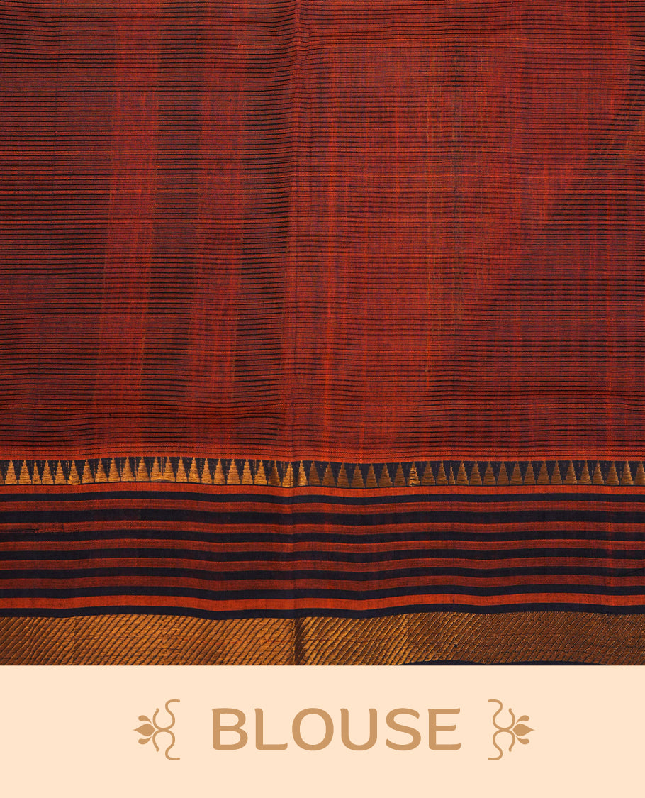Orange Colour Mangalagiri cotton saree featuring elegant Navy Blue Strips Across The Body , Checks with  Gold  zari border & Gold Zari Pallu, Paired With a matching blouse piece.