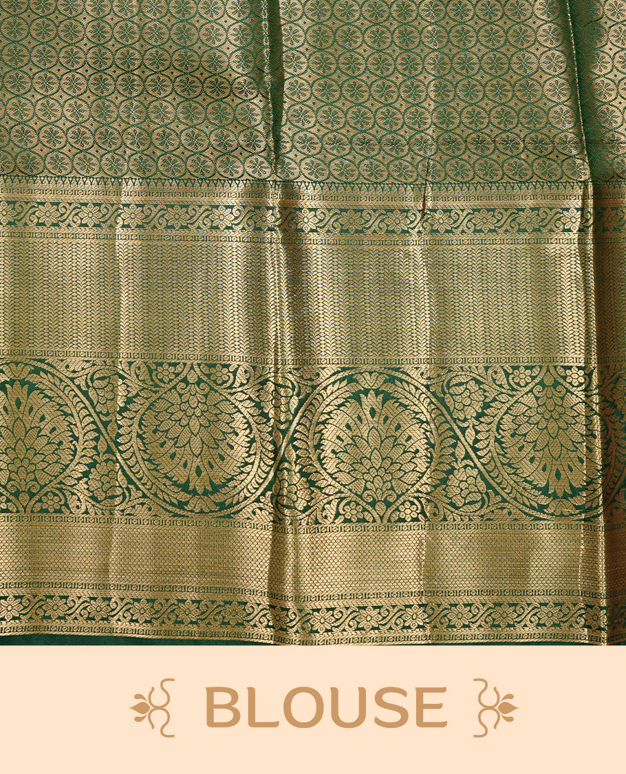 Green & Gold double shade Tissue saree featuring gold Zari pattern on body, complemented by traditional border on self colour, paired with matching blouse piece.
