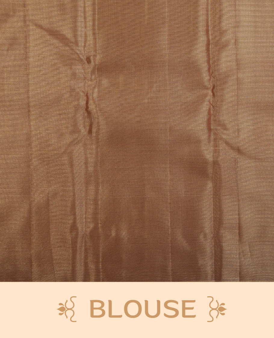 Gold colour kancheepuram tissue silk saree highlighting gold Geometric zari pattern body, with contrast traditional border and paired with matching blouse.