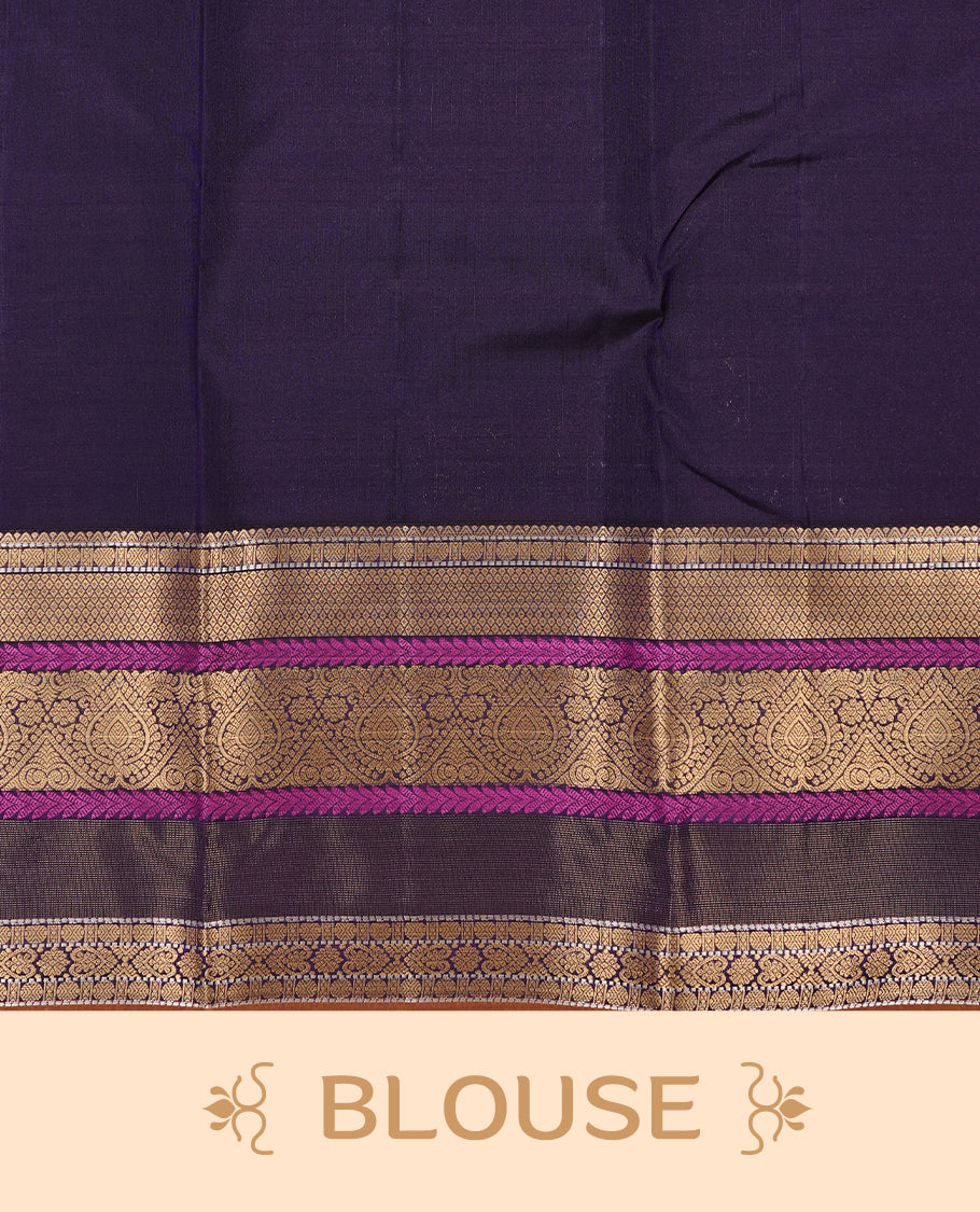 Purple Colour Traditional Kancheepuram Silk Saree Featuring Gold Zari Motifs on Body, Complemented By Self colour with Traditional zari & purple border, paired with matching blouse piece.