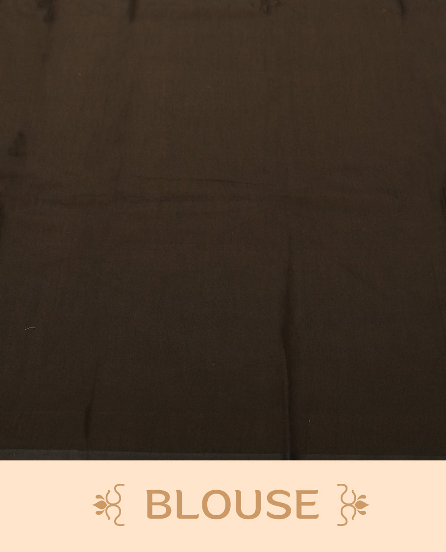 Brown Silk Cotton Saree with Plain Body, Accented by Copper and Black Zari Striped Border on Black and Copper Striped Pallu, Paired with Matching Blouse Piece