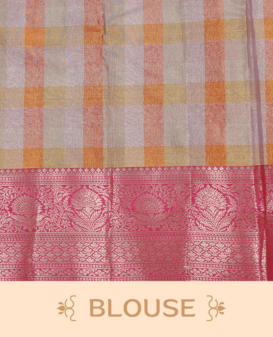 Light green, Orange & Yellow Colour Tissue Saree featuring Multi colour Check Design on body, complemented by contrast Magenta colour with Gold zari border, paired with matching blouse piece.