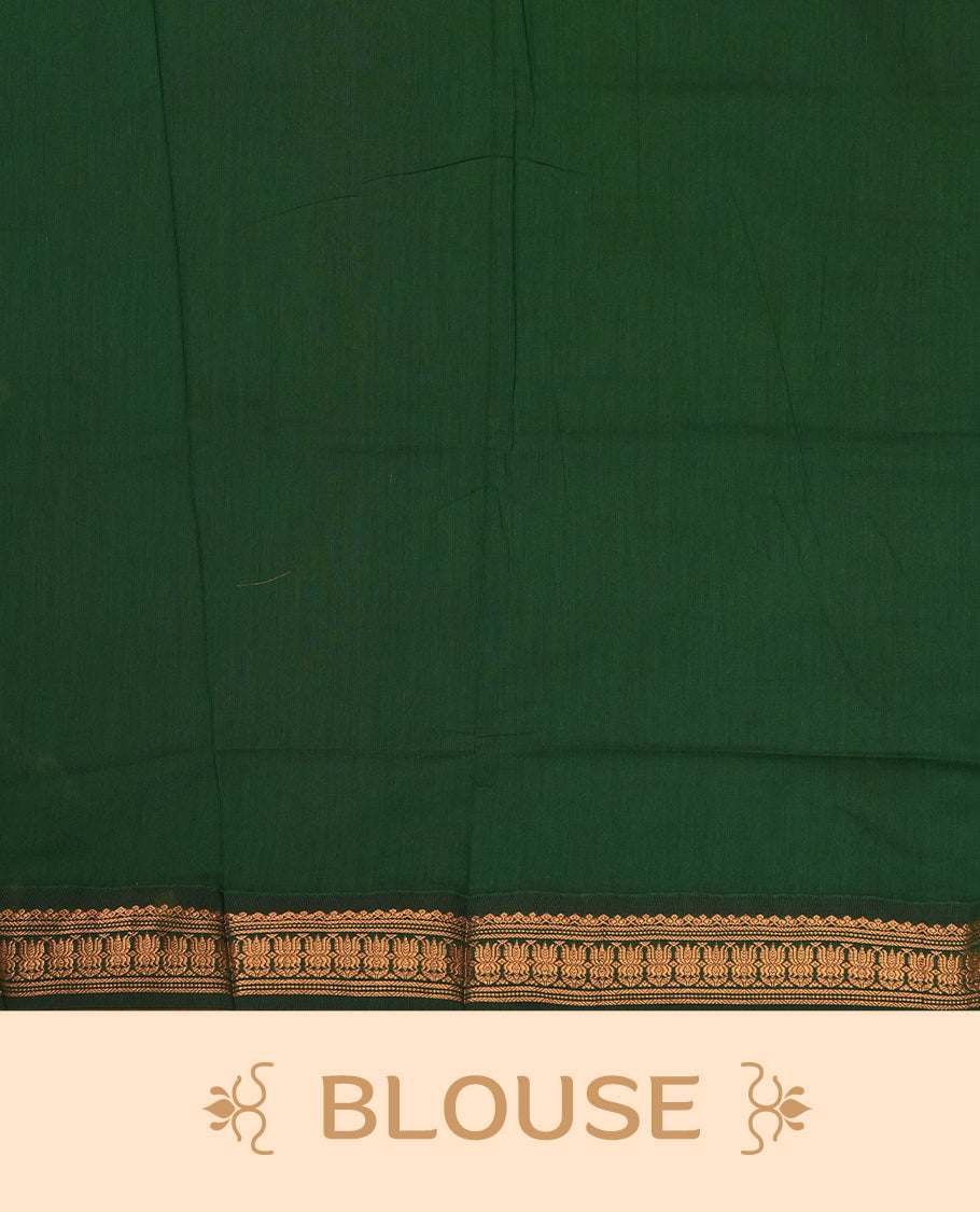 Lavender colour Kalyani Cotton saree with deep green border and pallu, adorned with copper zari lotus motifs and intricate weaving & Comes with a matching blouse piece.