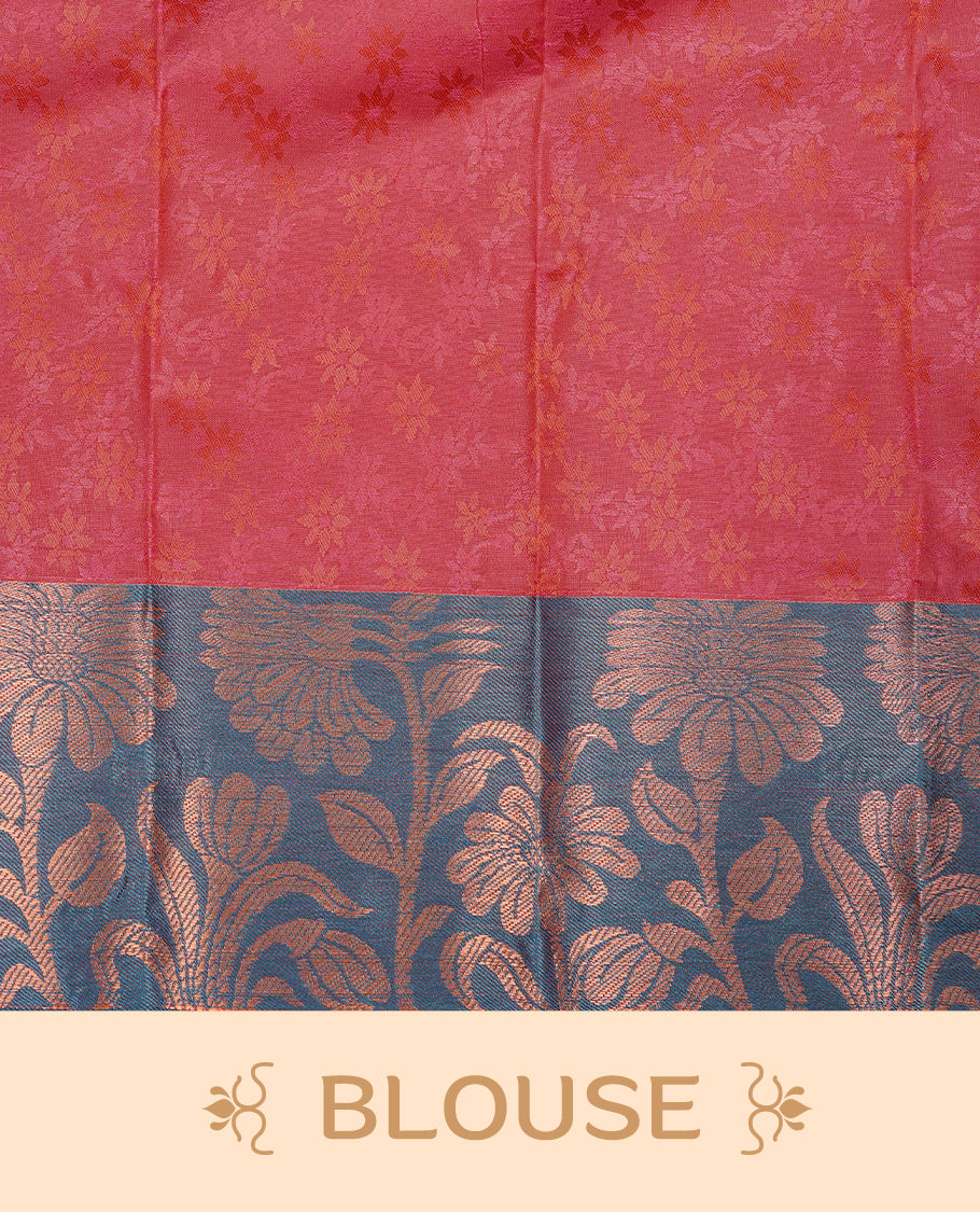 Rouge colour Semi silk saree Featuring self colour zari motifs on body, complemented by contrast green colour with gold zari border, paired with matching blouse piece.