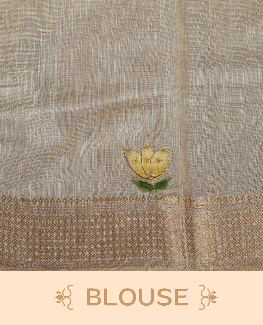 Beige colour linen silk saree featuring hand brushed colour with Floral  & birds printed pattern on body, gold zari woven geometric design border with self colour pallu and comes with a matching blouse