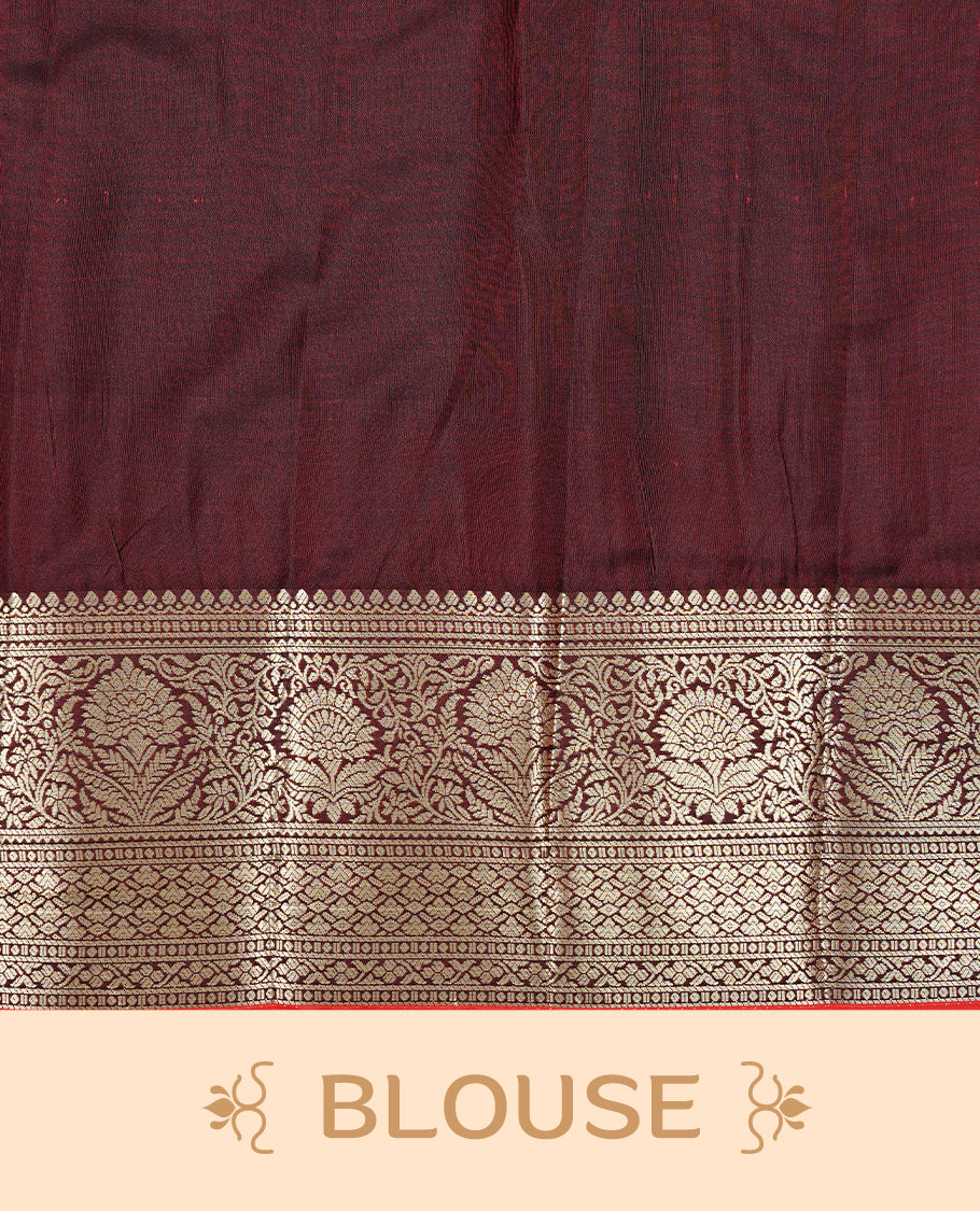 Dark chocolate colour semi wedding silk saree featuring Gold zari Floral kodi pattern with Silver zari peacock motifs on body, complemented gold zari border, paired with matching blouse piece.