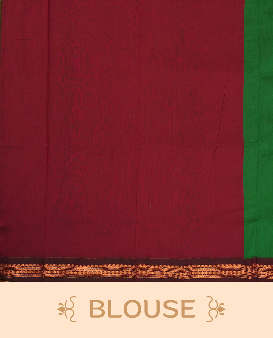 Teal green Kalyani cotton saree with contrast maroon border highlighted by rich golden zari weaving and elegant buttas on the body & Comes with blouse.