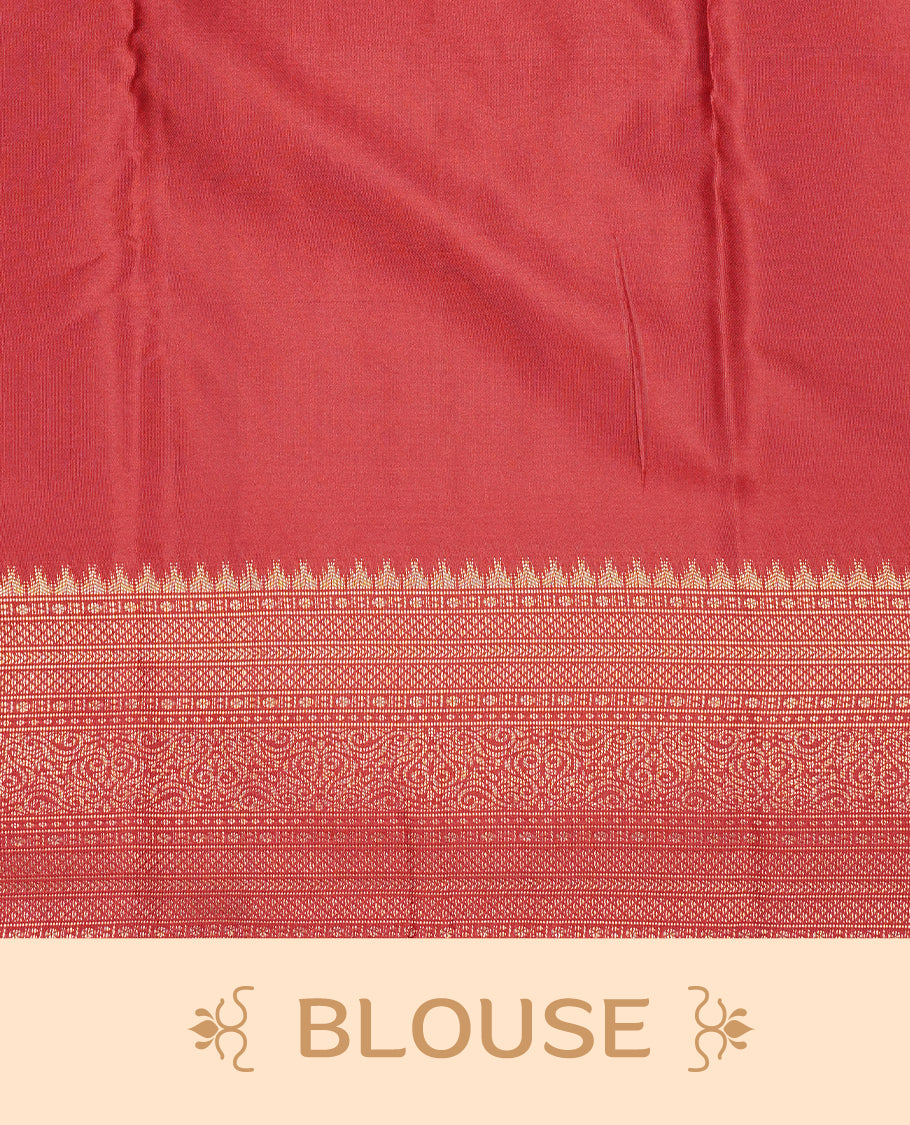 Maroon colour semi wedding silk saree featuring gold zari zigzag pattern on body, enhanced with self colour with traditional border, paired with matching blouse piece.