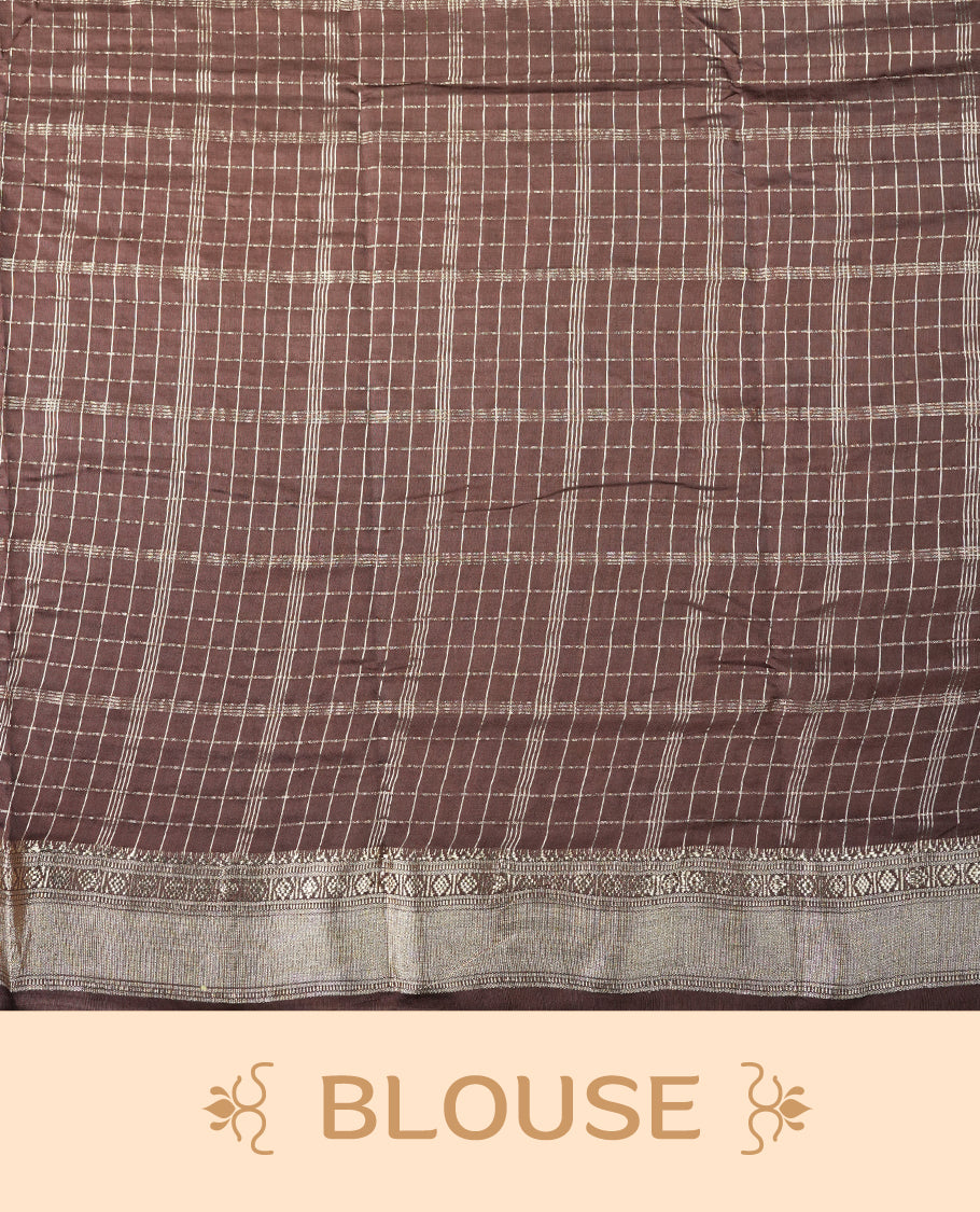 Light brown colour mixed chanderi cotton saree with checkered plaid body, brown pallu featuring gold zari border, and matching blouse.