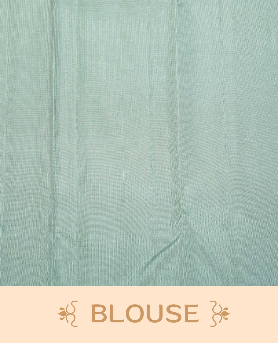 Mint Green Colour Traditional Kancheepuram Silk Saree Featuring Blue Zari Diamond Motifs on the Body, Designed Without a Border and with a Grand Pallu, Paired with a Matching Blouse.
