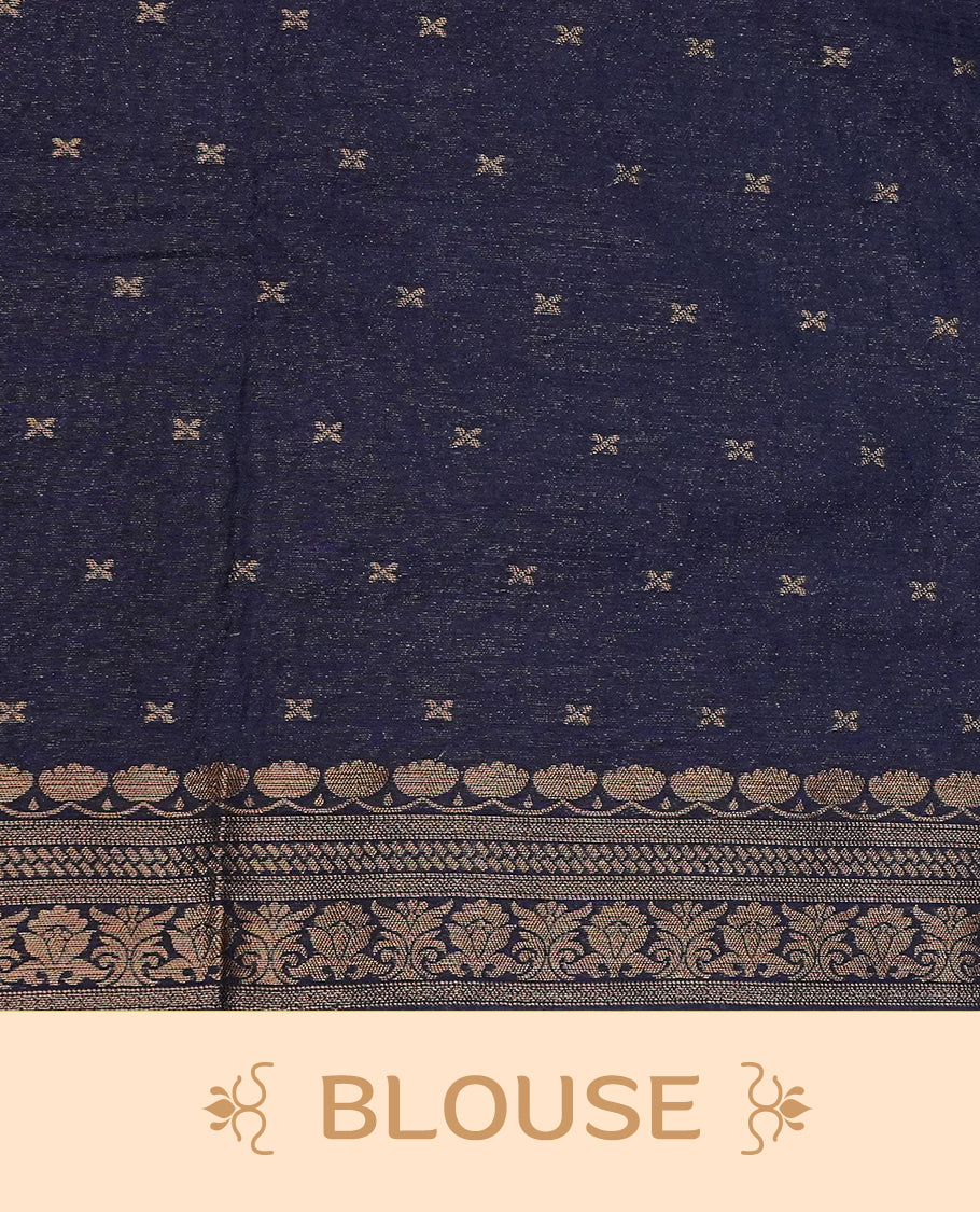 Navy blue colour semi linen saree with elegant gold zari floral motifs across the body, complemented by a contrast colour with grand gold zari pallu and a borderless design, paired with a matching blouse piece.