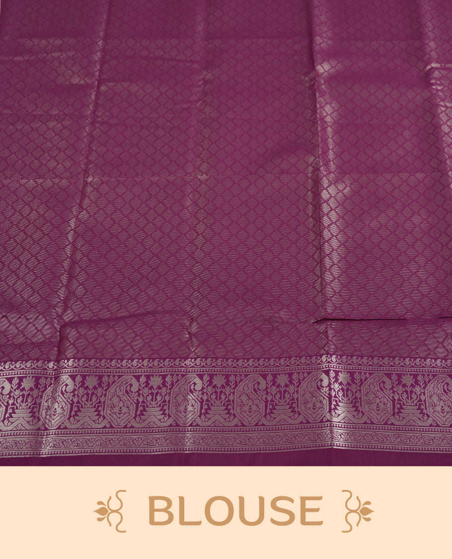 Golden Peach Colour Silk Saree with Self-Checked Geometric Patterns, Contrasting Magenta Zari Woven Pallu and Border Featuring Intricate Floral Motifs and Tassels, Paired with Matching Blouse Piece