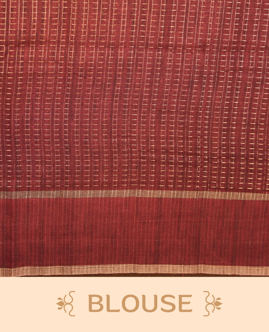 Brown colour semi tussar silk saree highlighting gold zari dotted stripes, self colour border and contrast dark brown pallu and comes with matching blouse piece.