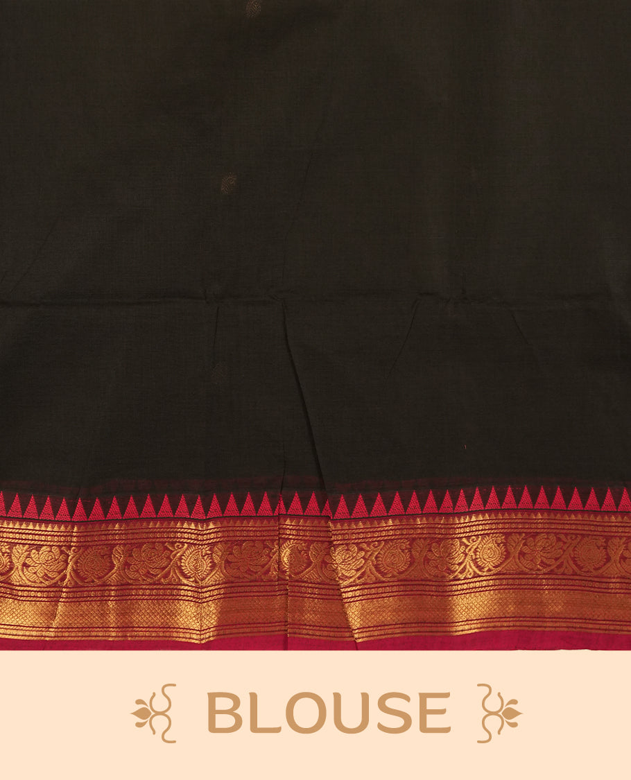 Black colour Chettinad cotton saree adorned with small woven motifs on the body, highlighted by a maroon border featuring intricate golden zari floral patterns and temple design & Comes with a matching blouse piece.