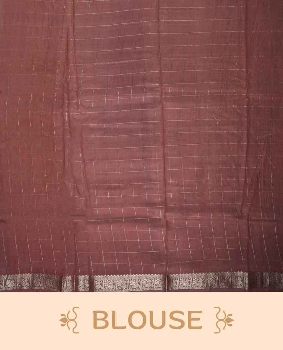 Muted brown chanderi cotton saree with checkered striped body, brown pallu featuring silver zari border, and matching checkered blouse.