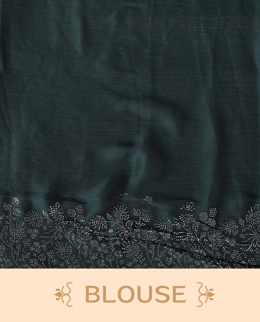 Dark green colour shimmer designer saree, featuring white scattered stone on body, stone work and heavy stone floral pattern on border and  pallu, Paired with matching blouse.