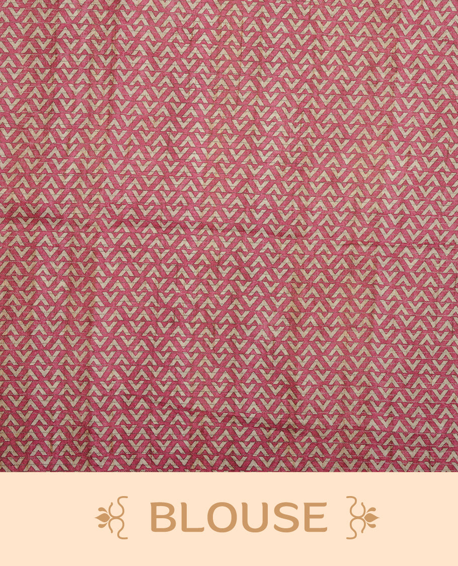 Pink colour semi tussar silk saree featuring zigzag print and zari check pattern across body, self colour border with geometric pattern and pallu, paired with matching blouse piece.