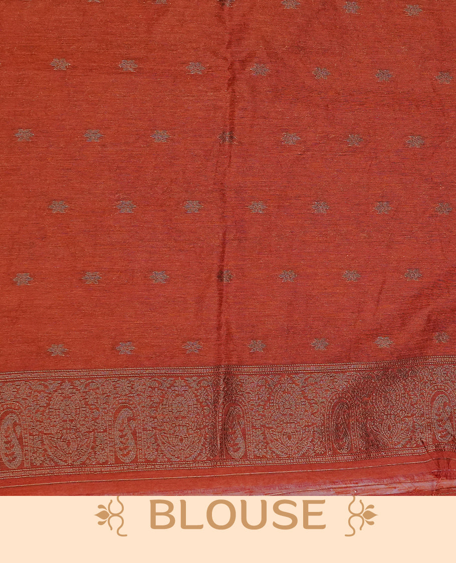 Brick red colour semi silk saree featuring Gold zari Leaf pattern on body, complemented by contrast  colour with Gold zari border, comes with matching blouse piece.