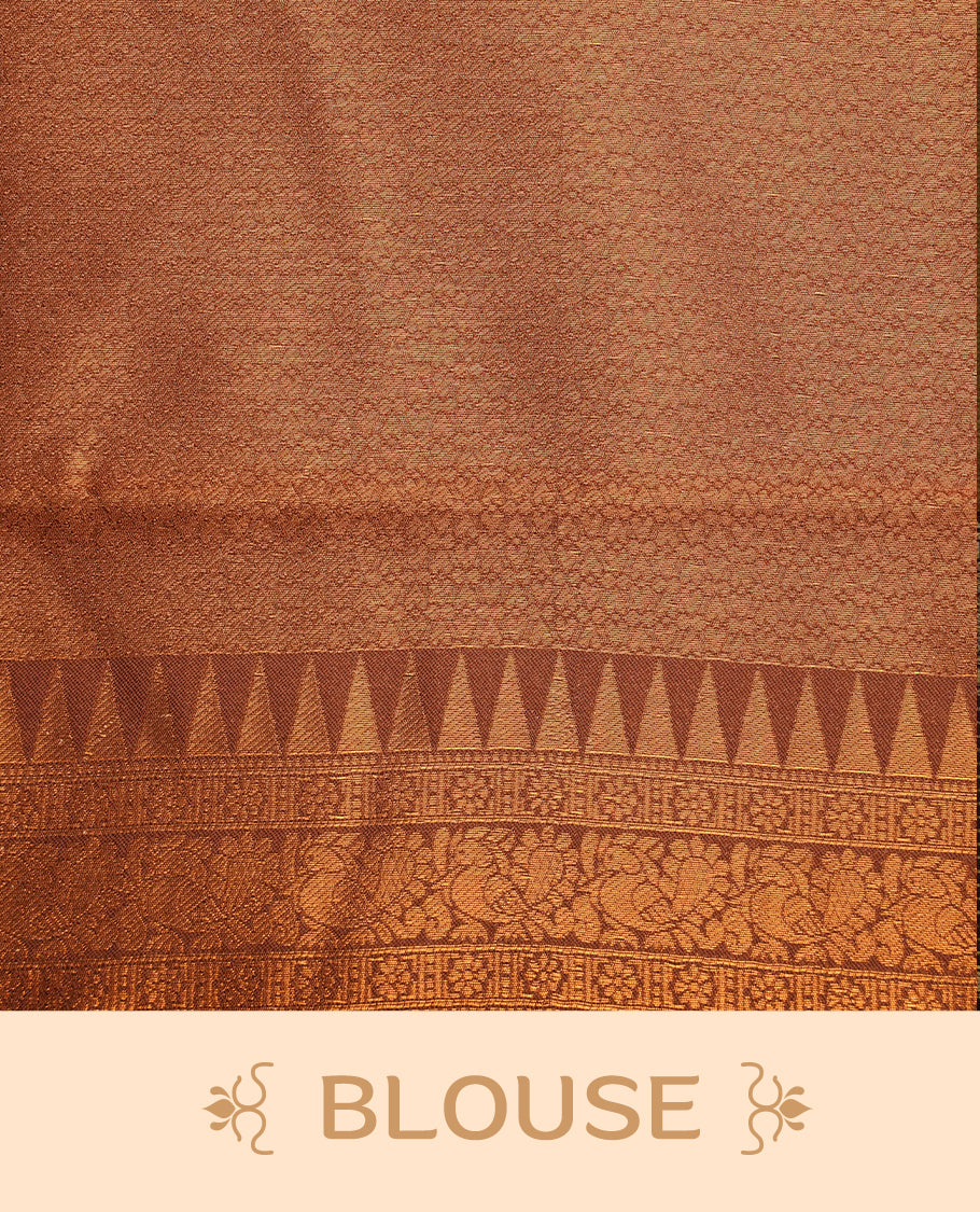 Burnt orange colour silk saree featuring gold zari small square and motifs on body, complemented by contrast chocolate with traditional border, paired with matching blouse piece.