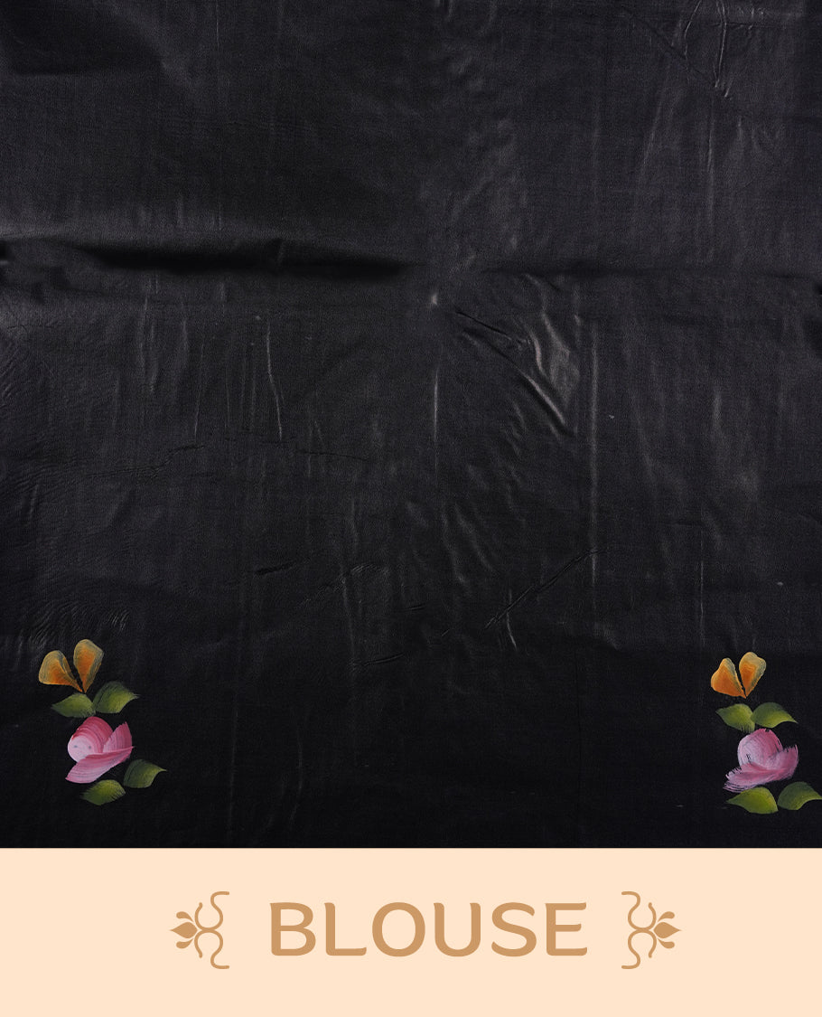 Black colour  Pure tusser silk saree featuring multicolour floral hand print designs all over body without border, pallu, paired with matching blouse piece.