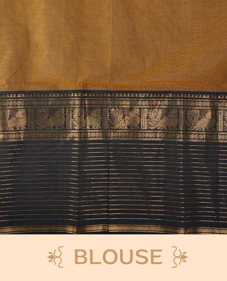 Mustard colour chettinad cotton saree featuring elegant plain body, complemented by contrast black colour with traditional border, paired with matching blouse piece.