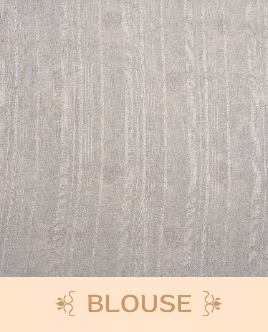 Cream colour semi tuseer silk saree featuring with Self colour thread embroidery kodi pattern & multicolour floral thread motifs all over body, pallu, and paired with matching blouse piece.