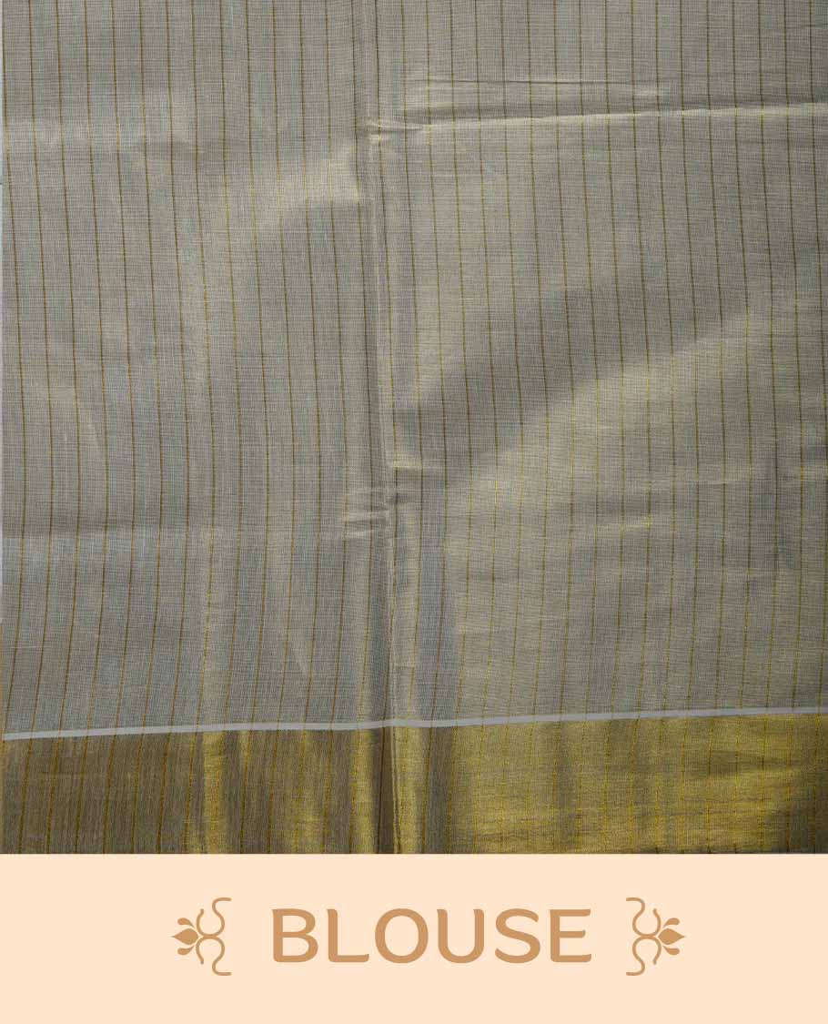 Off white colour Tissue Kerala saree featuring a subtle striped body with elegant blue and mustard leaf prints, complemented by a classic golden zari border and tasselled pallu, paired with a matching blouse.