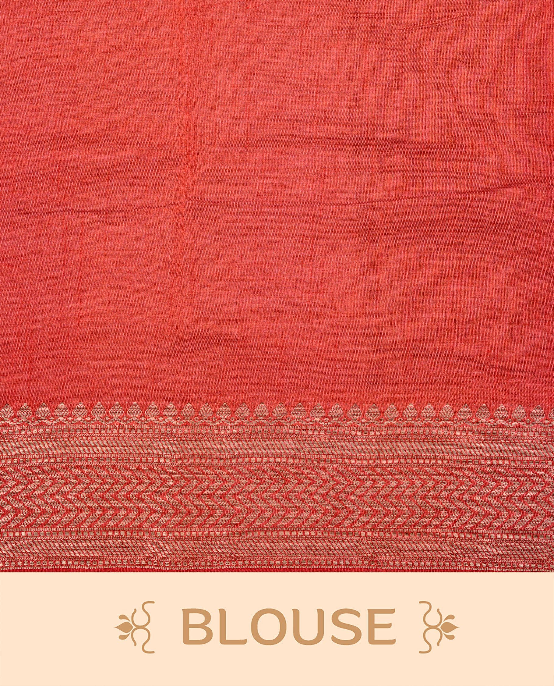 White cream colour Semi Tussar silk saree featuring an elegant plain body, accentuated by a contrast red border adorned with intricate gold zigzag zari work, paired with a matching blouse piece.