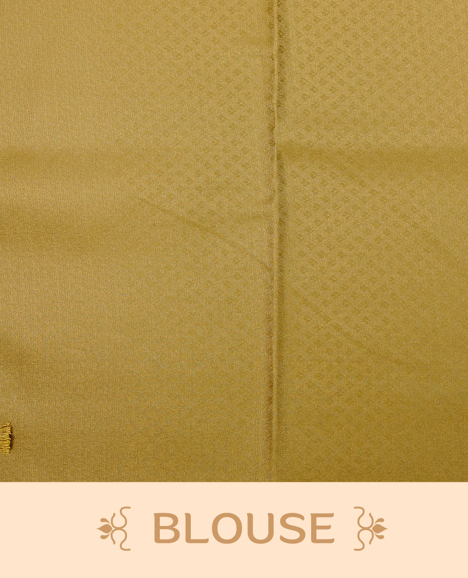 Olive colour Mulberry silk saree featuring gold zari motifs on body, complemented by contrast self colour with gold zari border, comes with matching blouse piece.