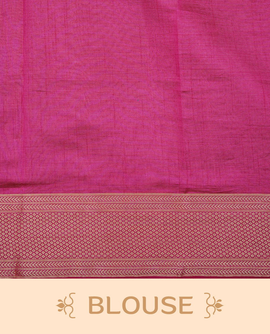 Cream colour Semi Tussar silk saree featuring an elegant plain body, accentuated by a contrast Dark pink border adorned with intricate gold zari work, paired with a matching blouse piece.