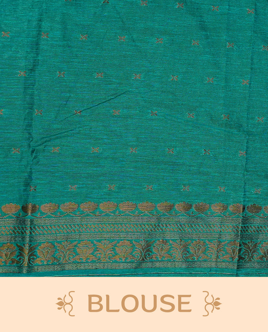 Navy blue colour semi linen saree with elegant gold zari floral motifs across the body, complemented by a contrast peacock green with grand gold zari pallu and a borderless design, paired with a matching blouse piece.