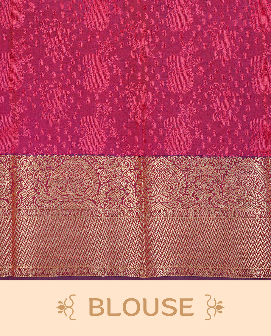 Reddish pink colour Semi silk saree Featuring Self zari Pattern on body, complemented by Maroon colour with gold zari border, paired with matching blouse piece.