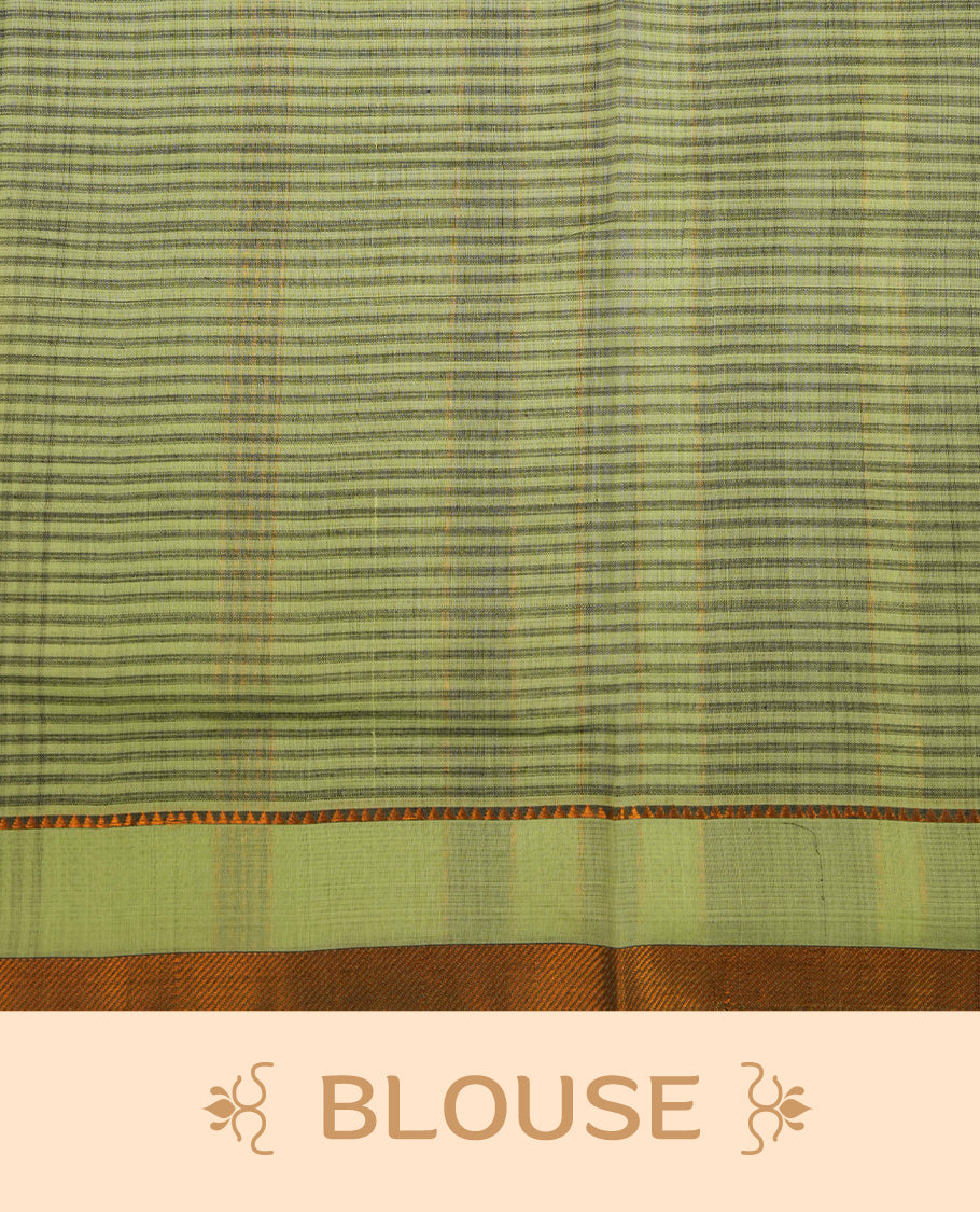 Black and pale green Mangalagiri cotton saree with a classic checked body, contrast striped pallu & Gold zari border. Comes with a matching blouse piece.