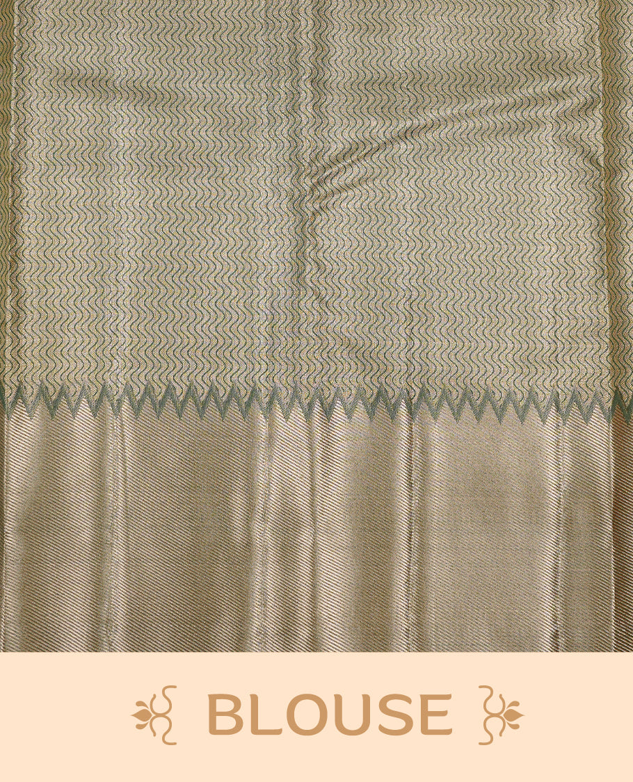 Light green colour Tissue silk saree featuring Pink colour floral zari motifs on body, complemented by contrast Light green with gold zari border, paired with matching blouse piece.