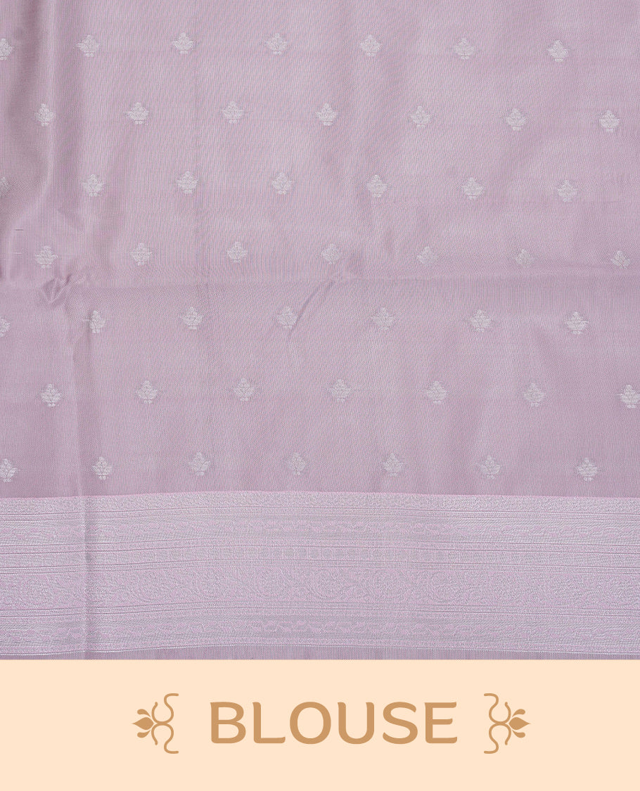 Aqua colour semi silk saree featuring Silver zari Floral pattern on body, complemented by contrast Lavender colour with silver zari border, comes with matching blouse piece.