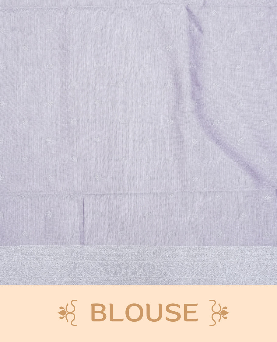 Sky blue colour semi silk saree featuring Silver zari Geometric pattern on body, complemented by contrast Lavender colour with silver zari border, comes with matching blouse piece.