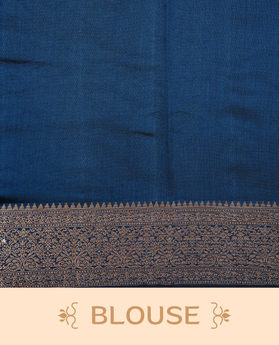 Teal Colour Pure Banaras Soft Silk saree featuring Antique Zari buttas in body, complemented by zari work on self colour border, paired with matching Blouse Piece.